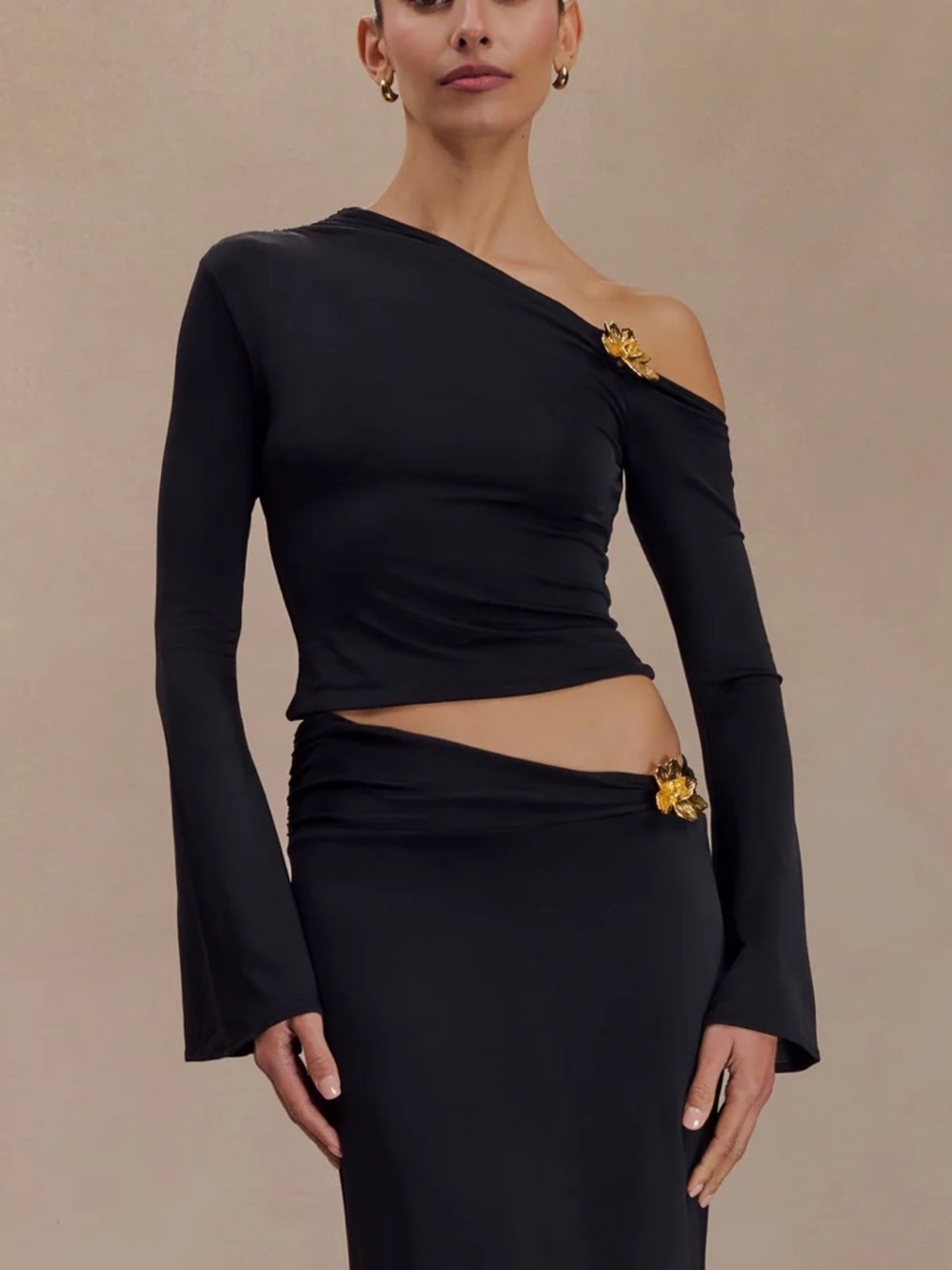 Meshki Ainsley Asymmetrical Long Sleeve Black Top With Gold Floral Hardware